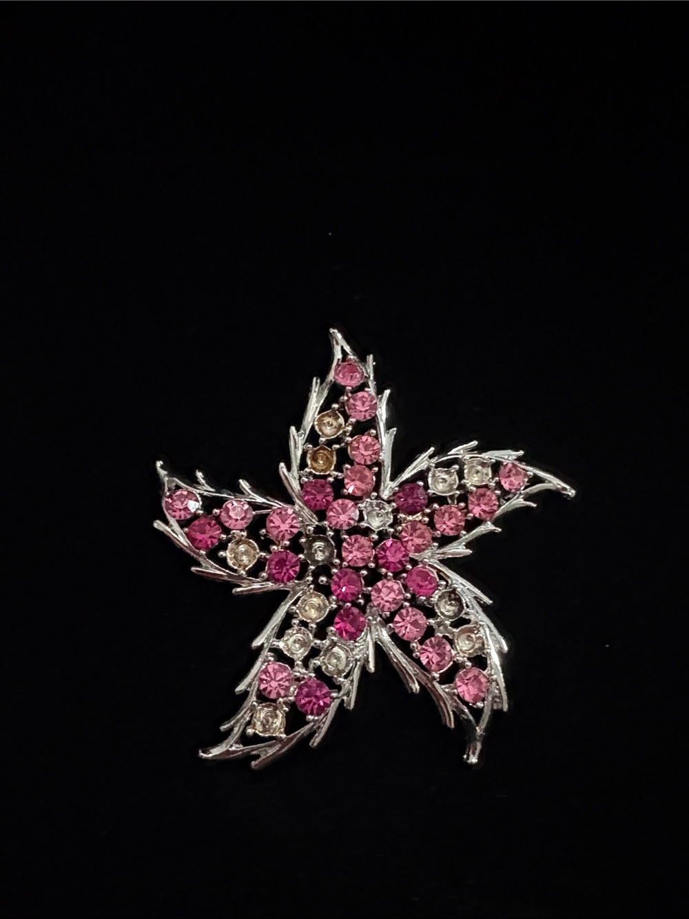 Silver tone Starfish Brooch with Pink Crystal Accents